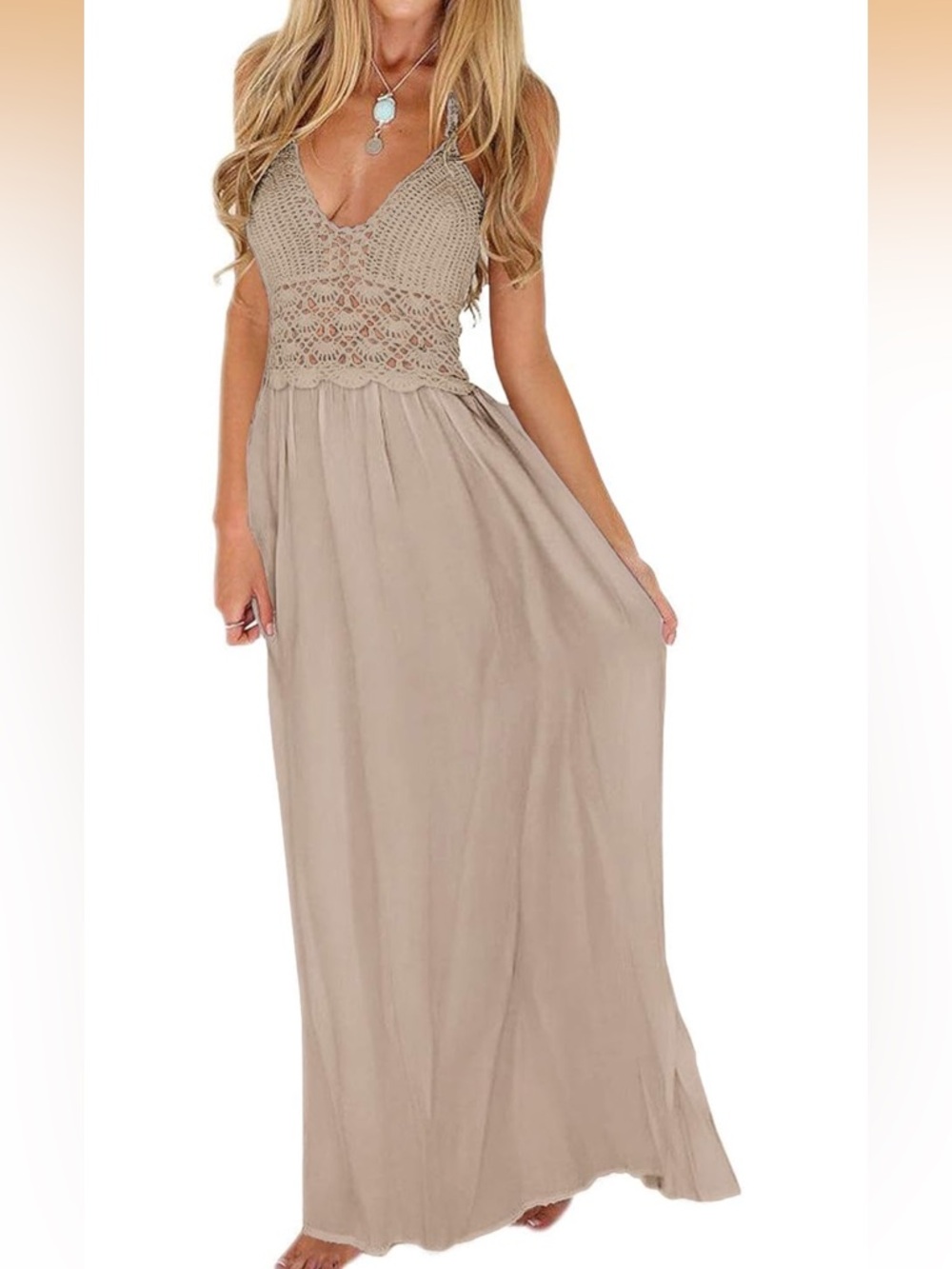 LILBETTER Women's Beach Crochet Backless Bohemian Halter Maxi Dress, Khaki, M